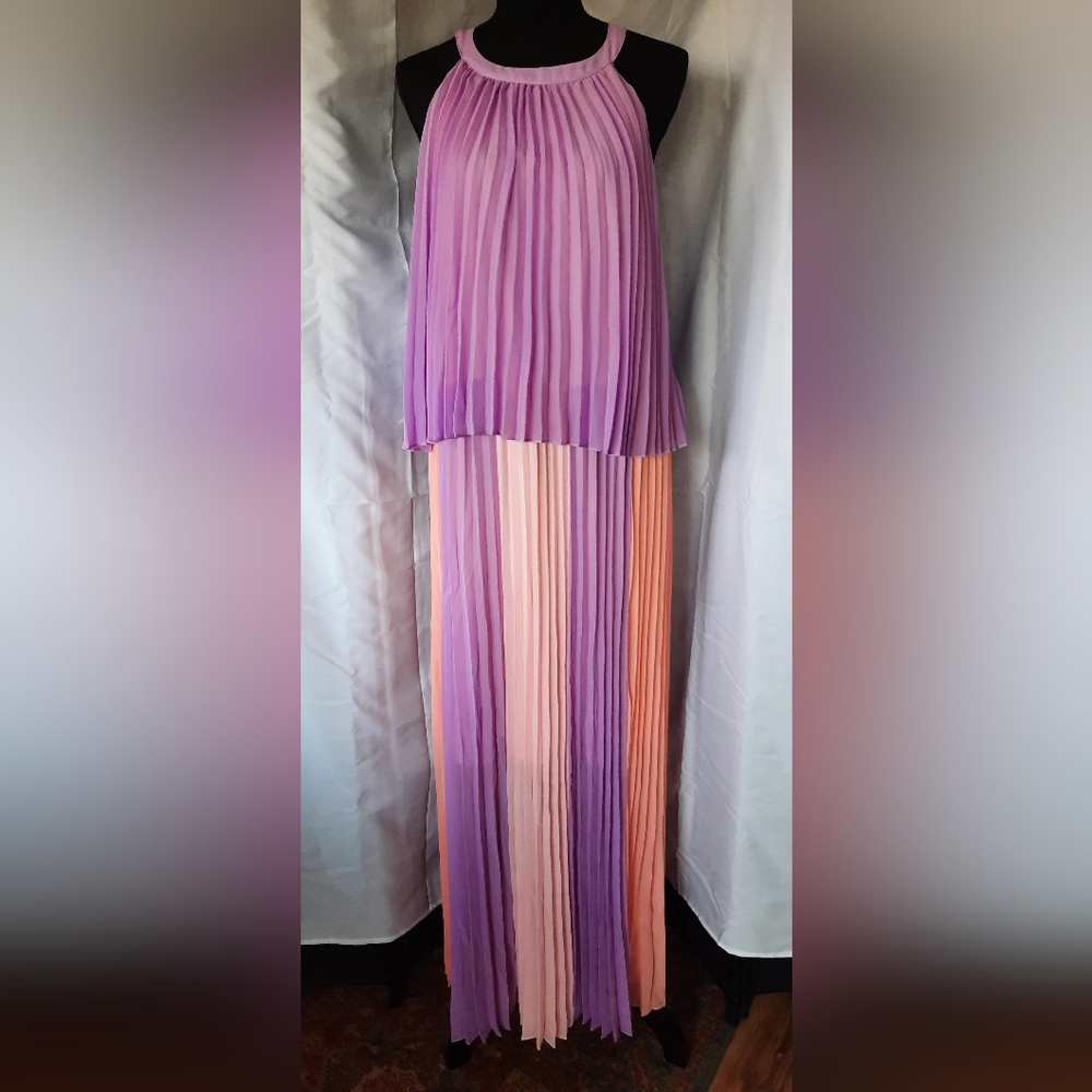 Cato Maxi Dress Womens 18-20 Peach Lavender Halter Neck Pleated Layered Lined - Picture 2 of 14